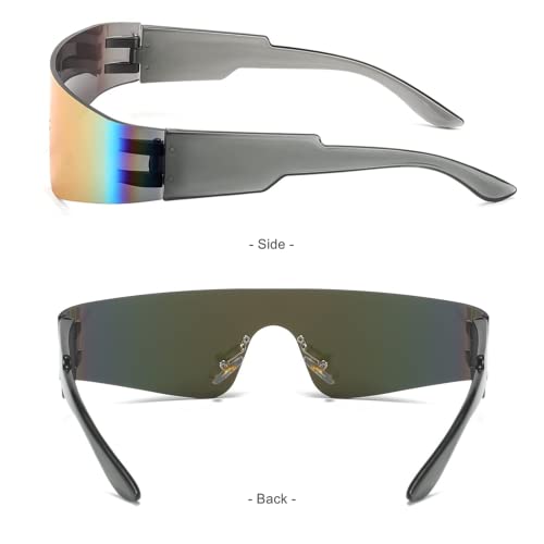 Y2K Futuristic Wrap Around Sunglasses Men Women Visor Cyber Glasses Sports Monoblock Cyclops (Grey Frame-Mirror Red Lens)3