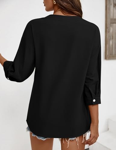 LOMON Women's 3/4 Sleeve Button Down Shirts Cotton Linen Black V Neck Tops by LOMON - Used condition - Image 12