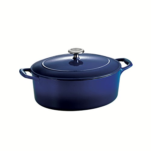 Image of TRAMONTINA Bestow Oval Dutch Oven 5.2L with Lid | Enameled Cast Iron Casserole Pot & Biryani Pot | Even Heat Retention | Low Oil Healthy Cooking | No Seasoning Required | All Cooktops Compatible | Blue