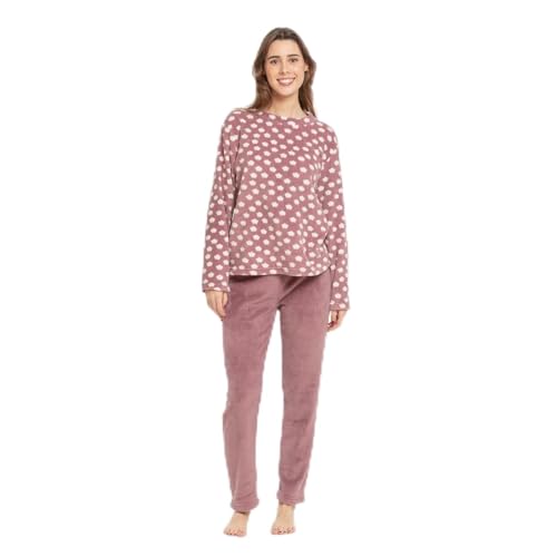 TRAMAS+ Pijama Mujer de Invierno, Pijama de Coralina con Camiseta de Manga Larga y Pantalón Largo Ajustable, Conjunto para Dormir Cómodo y Calentito - M, Berta M Berenjena
