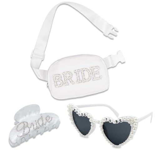 Lamyba Bachelorette Gifts for Bride 3PCS Bride Gifts Set Pearl Bride Fanny Pack Hair Claw Clip and Sunglasses Bride to be Gifts Bachelorette Party Accessories Favors Decorations Bridal Shower Gifts
