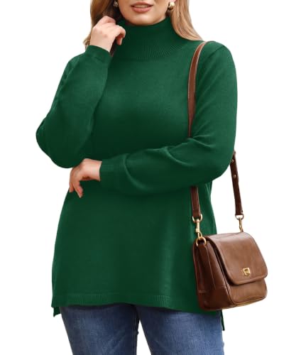 Image of CARCOS Plus Size Sweaters for Women Solid Turtleneck Sweater Long Sleeve Pullover Tops Casual Split Hem Knit Shirts