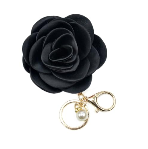 ChungLong0593 Elegante llavero de perlas de imitación de flor de camelia para mujer, llavero floral vintage para mujer, joyería de cumpleaños, Negro -, M