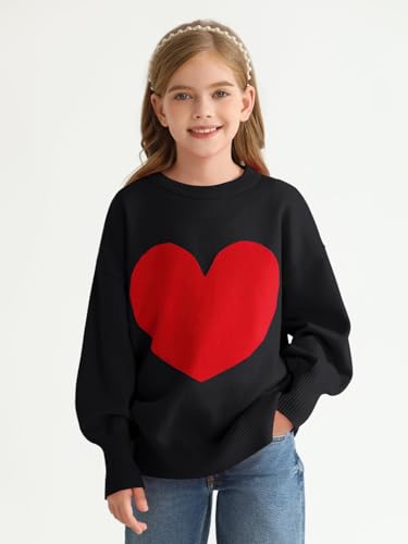 Haloumoning Girls Oversized Sweaters Kids Fashion Heart Batwing Sleeve Ribbed Knit Side Slit Pullover Tops3