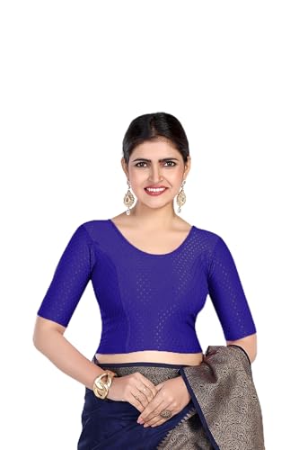 Image of FINESTFIT Round Neck Stretchable Elbow Sleeve Readymade Saree Blouse for Women, 100% Cotton Dobby Fabric