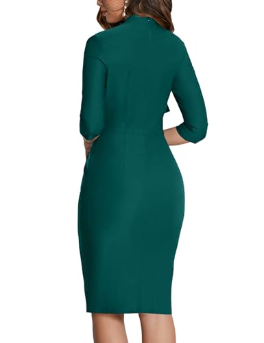 Image of MUXXN Women's Midi Pencil 1950s Vintage Cocktail 3 /4 Sleeve Tie Neck Bodycon Mid-Calf Dress with Pockets