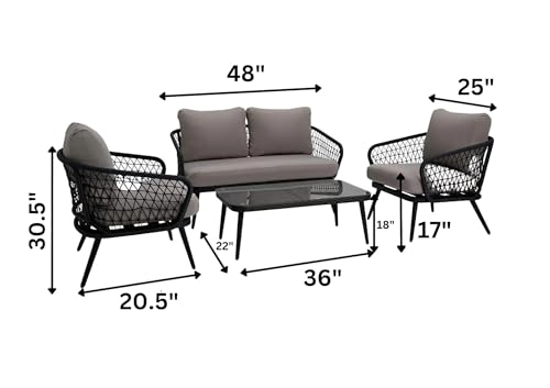 Image of DEVOKO Patio Furniture Set, 4 Pieces Porch Backyard Garden Outdoor Furniture Rope Sofa and Table Set (Black and Grey)