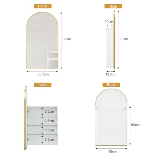 Gold Bathroom Cabinets with Mirror,Large Curved Arch Bathroom Mirror Cabinet,Mirrored Bath room Cabinets Wall Mounted,Bath room Mirror with Storage 50x90 cm