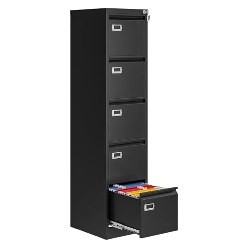 AFAIF 5 Drawer File Cabinet with Lock, Metal Filing Cabinets for Home Office, Vertical Black Locking File Caninet, Steel Narrow Five Drawer File Cabnet for Letter/Legal / A4 / B4- Assembly Required