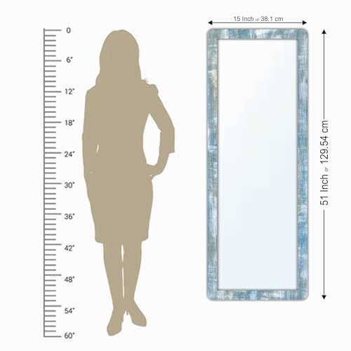 Image of Creative Arts n Frames 15x51 inch Ocena Blue Color Long MDF Wood Wall Hanging Mount HD Mirror Home Decor Items Living Room Bathroom Bedroom Hotel Office (Rustic Blue Color Framed HD Mirror)