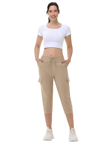 Womens Capri Cargo Joggers Pull on Capris Pants Crop Cropped Golf Pants with Pockets and Drawstring4