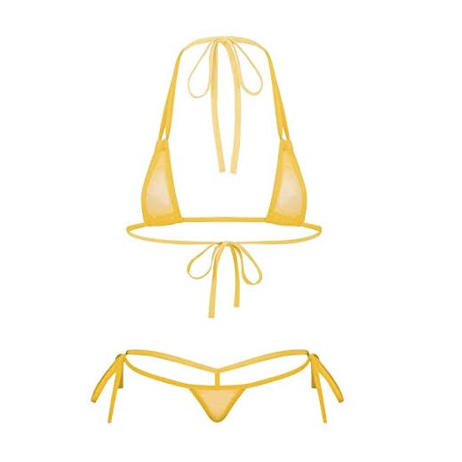 dPois Bikini Mujer Transparente Braga Alta Conjunto de Lenceria Crop Top Tanga G-String Picadías Braguitas Tiras Ropa Erótica Babydoll Traje de Baño Amarillo Talla Única