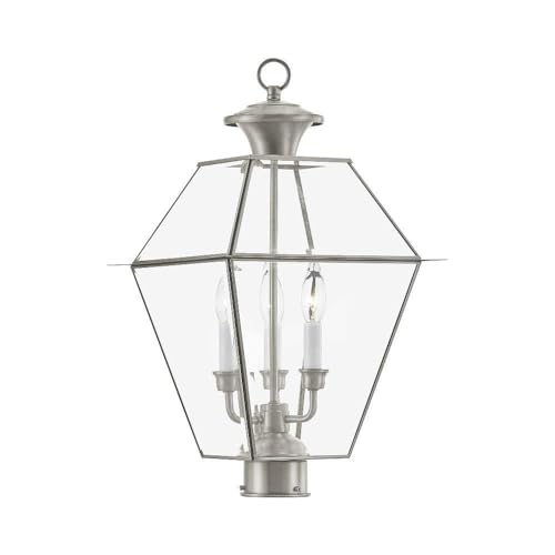 Image of Livex Lighting Lantern 2384-91 Transitional Three Light Post-Top Lanterm from Westover Collection in Pwt, Nckl, B /S, Slvr. Finish, 12.00 inches, 21.5x12.00x12.00, Brushed Nickel