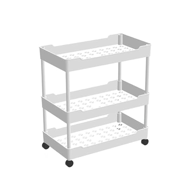 3-Layer / 4-Layer Narrow Side Trolley Storage Rack, Wheel, Floor Seam, Bathroom, Kitchen, Laundry, Cart(Three-Layer White)-n44Dg6XX