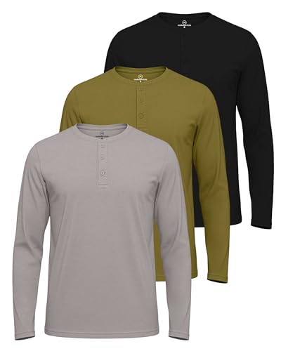 Real Essentials 3 Pack: Men's Cotton Short & Long Sleeve Henley T-Shirt Performance Activewear (Available in Big & Tall)