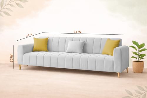 Image of Casaliving Velour Modern Velvet Sofa, Tufted Design Upholstered 3 Seater Sofa Set for Living Room, (Grey Colour) Premium Velvet Fabric Sofa | Easy to Clean