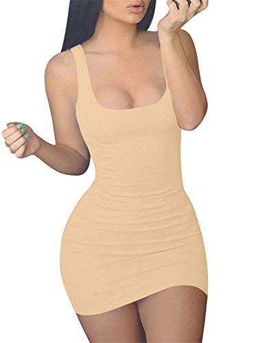 GOBLES Women's Casual Summer Sleeveless Mini Sexy Bodycon Tank Club Dress Khaki
