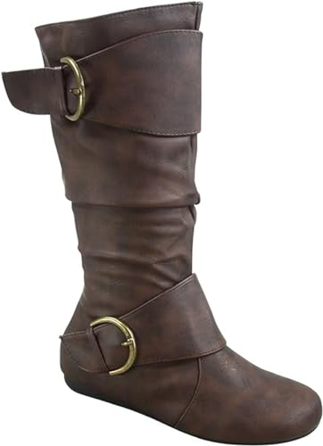 Image of Forever Link Women's Klein-70 Closed Round Toe Buckle Slouch Flat Heel Mid-Calf Boot