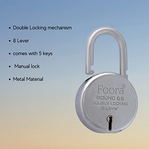 Image of Foora Round 65mm Padlock | Metal Body | 8 Lever Double Locking | 40 Keys + Keychain | Door, Gate, Shutter Security | Silver Finish | Made in India