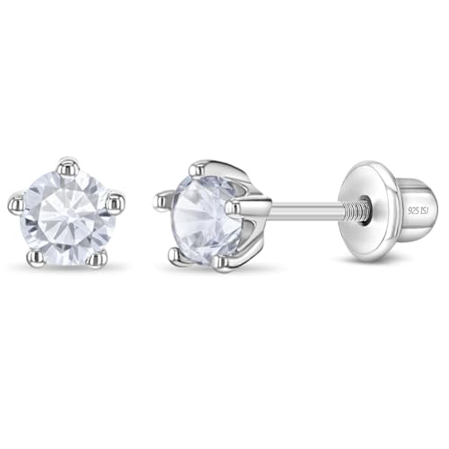 925 Sterling Silver Hypoallergenic 4mm Solitaire Simulated Birthstone Earrings for Girls - Round Simulated Birthstone Kids Earrings Cubic Zirconia for Toddlers - CZ Safety Back Earrings