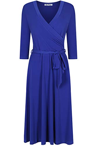 Image of Women's 3 /4 Sleeve Faux Wrap Midi Dress Knee Length Royal Blue M