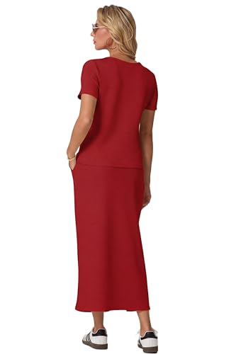 Image of GRECERELLE Women Summer Casual 2 Piece Sets V-Neck Wrinkle-Free Top & Elastic Waist Midi Side Slit Skirt with Pockets