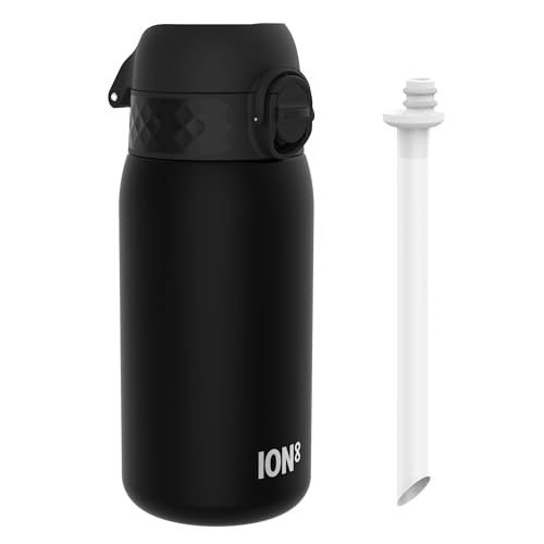ION8 Kids Water Bottle 350ml/12oz Leak Proof & BPA Free Drinking Bottle with Straw, Triple Lock Lid to Prevent Spills & Integrated Handle,Ideal for Little Hands & Lunch Boxes,Recyclon Black with Straw