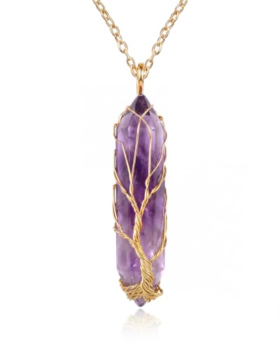 Image of Tree of Life - Amethyst Healing Crystal Chakra Necklace & Pendant, Reiki Spiritual Jewelry Gift for Women & Men, Positivity Energy Protection, Good Luck, Birthday Gifts for Women, Mom, Sister