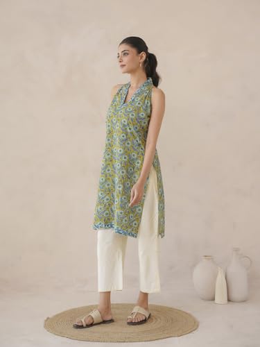 Image of GOODHAND Chic Cotton Halter Kurti with Timeless Block printsPerfect for Casual outings or Festive Flair-Where Traditional Charm Meets Modern Silhouette