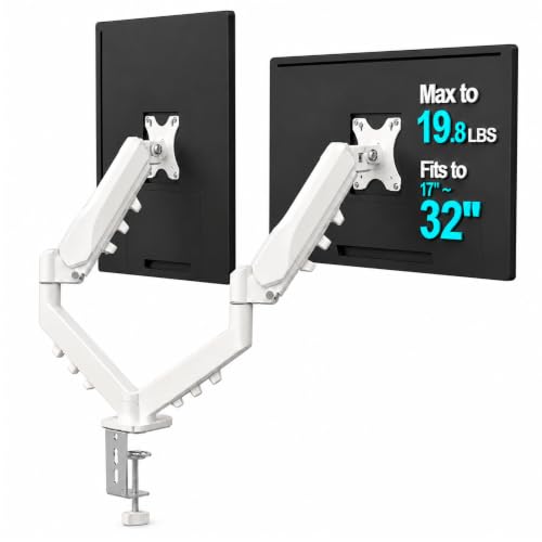 Image of STAR WORK Dual Monitor Mount for 13-32 inch Inch Screens, Adjustable Gas Spring Monitors Arm Desk Stand with C-Clamp & Grommet Base, Motion 360 Swivel & Tilt, Supports 19.8 lbs (Dual White Monitor Arm)