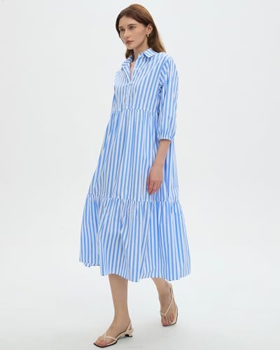 Image of EZAPINE Womens Babydoll Striped Shirt Midi Dress Puff Long Sleeve Collared Button Tunic Flowy Swing Dresses