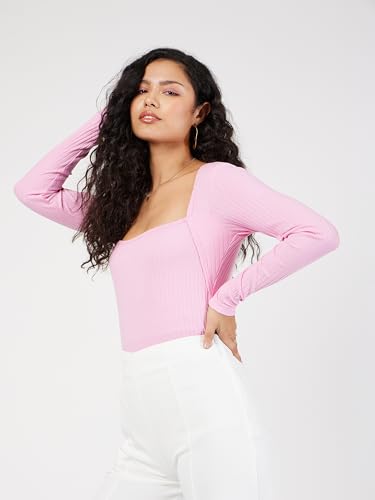 Image of SASSAFRAS Women's Slim Fit Full Sleeves Rib Square Neck Ribbed Basics - Casual Ribbed T-Shirt Tops