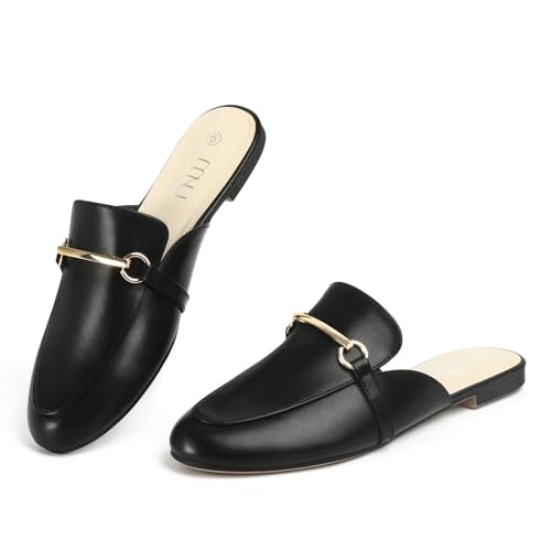 Image of MUSSHOE Gold Buckle Mules for Women - Comfortable Memory Foam Loafers, Classy Slip On Flats for Office Business Casual, Dressy Pointed Toe Shoes