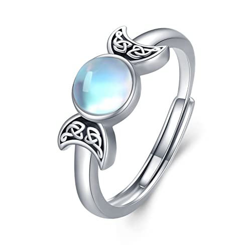 Anillo de diosa de triple luna para mujer, plata de ley 925, piedra lunar, anillo ajustable, joyería de diosa luna, regalos para niñas y novias, Plata de ley, Moonstone