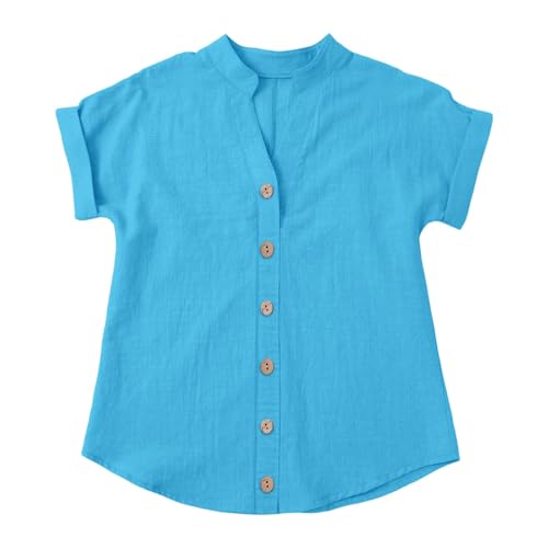 Cotton Linen Shirts for Tween Girls Short Sleeve V Neck Shirts Oversized Tunic Blouses Trendy Tops Cute Summer Blouses2