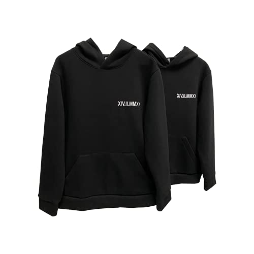 Custom Couple Embroidered Custom Date or Text, Embroidered Anniversary Roman Date Hoodies Couple Crewneck Sweatshirts, Matching Tshirts Gift for Her and Him, Christmas Couple Gifts Black
