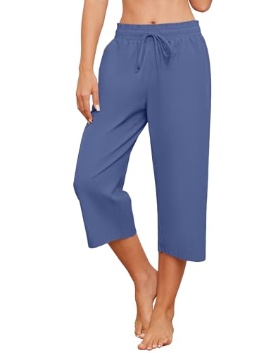 Womens Capri Pants Loose Wide Leg Drawstring Elastic Waist Casual Lounge Cropped Pants with Pockets3