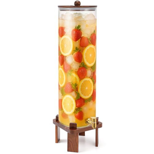 FillTouch 1 Pack 5 Gallon Glass Drink Dispenser with Acacia Wood Stand and Lid, Large Glass Beverage Dispenser with Spigot Perfect for Juice, Tea, Sangria, Lemonade, Weddings, Party, Outdoor Events
