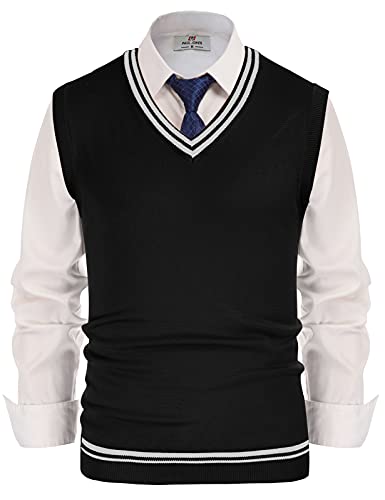 PJ PAUL JONES Mens Basic Slim Fit Sweater Vest V Neck Cable Knitted Pullover Vests Black S