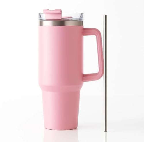 Image of Double Wall Insulated Stainless Steel Tumbler with Handle 1200ml | Travel Mug with Steel Straw| Hot & Cold Beverage Flask | Easy Carry Home, Office, Gym (Light Pink)