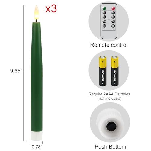 Image of Christmas Green Flameless Taper Candles with Remote, Real Wax LED Taper Candles Battery Operated with 3D Wick, 3 Pcs Flameless Candlesticks for Christmas Home Decor(0.78 inch x 9.65 inch)