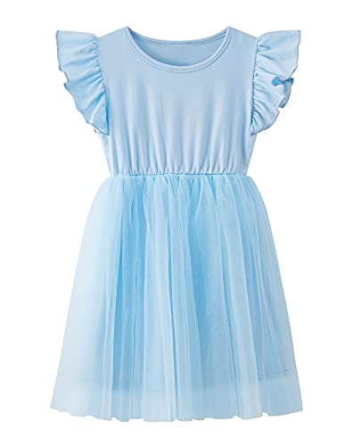 Twkioue Girl Ruffle Sleeve Dress Crewneck Tutu Tulle Fluffy Solid Color Dresses 817 Blue 100 #TOP4