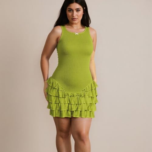 Image of Women's Summer Frill Rank Dress Sleeveless Bodycon Tiered Ruched Skim Hem Dress Green