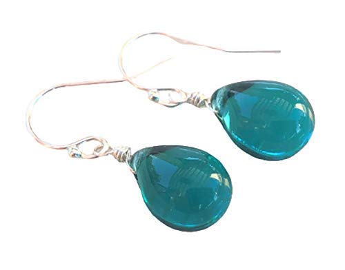 Teal Green Wire Wrapped Smooth Glass Tear Drop Earrings - Sterling Silver - Gift for Women Mothers Day