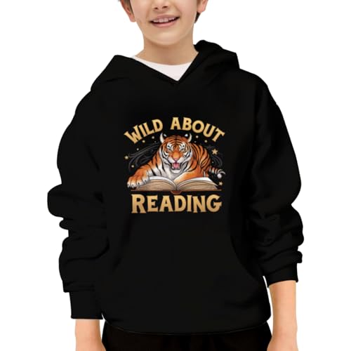 Tiger Design Wild about Reading Vintage Hoodies for Teen Girls Boys Lightweight Kangaroo Pocket Sweatshirt