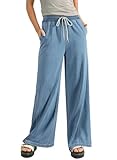 Sidefeel Women's Wide Leg Baggy Jeans High Waisted Elastic Waist Loose Fit Drawstring Long Denim Pants Light Blue Size 14