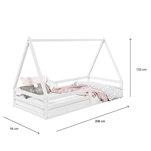 IDIMEX Hausbett SILA aus massiver Kiefer, schönes Montessori Bett in 90 x 200 cm, stabiles Kinderbett mit Rausfallschutz und Dach in weiß – Bild 4