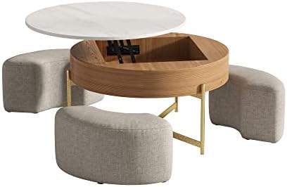 MGH Round Coffee Table with Storage,Lift-Top Wood Coffee Table Lifts up with Stools for Living Room,Office,Balcony (White),CT1817