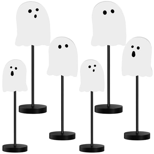 Image of Briwooody 6 Pcs Halloween Table Decorations Cute Ghost Wooden Signs Halloween Tiered Tray Decor White Ghost Spooky Table Centerpiece Tall Block Sign for Party Home Mantel Shelf Room Decor