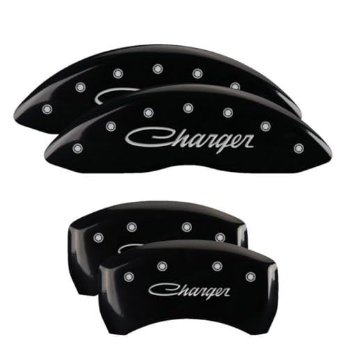 Image of MGP Caliper Covers - Brake Caliper Covers for 2011-2023 Dodge Challenger & 2011-2023 Dodge Charger (Requires Dual Piston Front Caliper) Front and Rear Set (Black, Cursive Charger)
